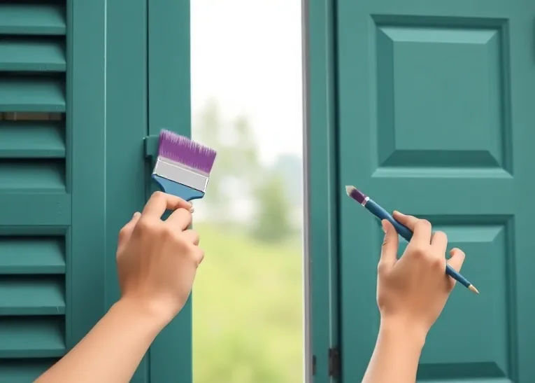 Mise en peinture au pinceau de volets et d'encadrements en bois