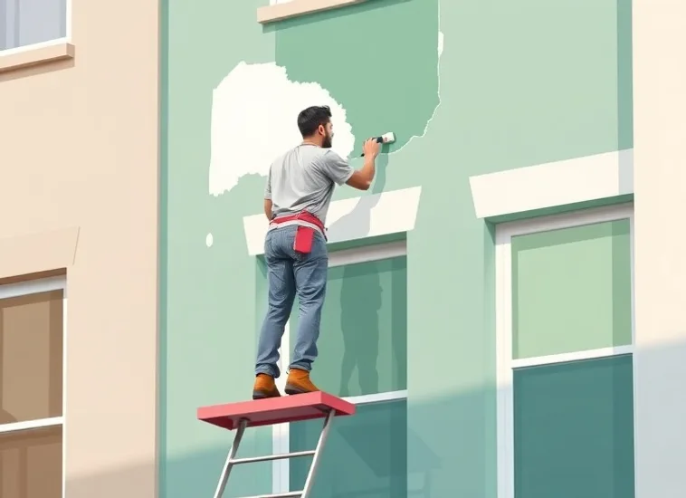 Peintre sur échafaudage traitant la façade d'une maison