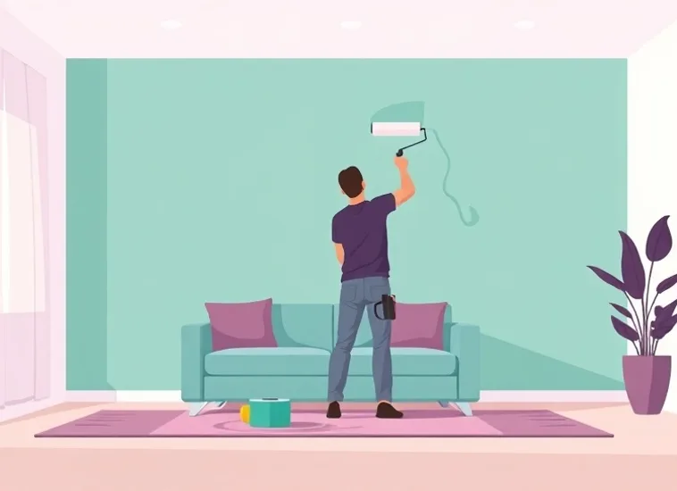 Peintre appliquant la peinture au rouleau sur un mur de salon